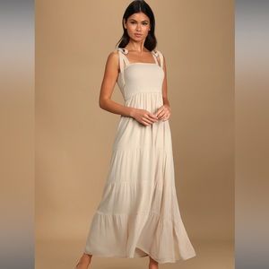 Sunshine Beige Smocked Tie-Strap Maxi Dress